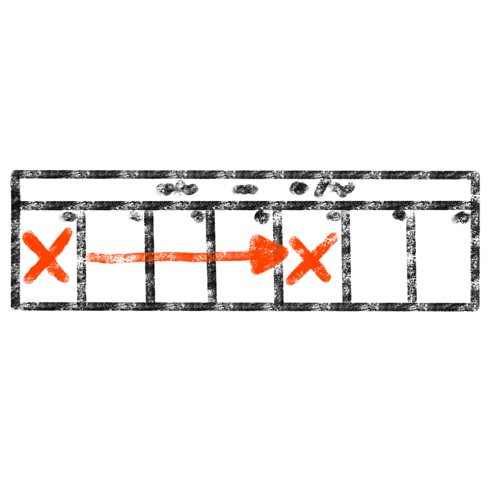  a rectangle separated into 7 sections (days) scribbles representing dates and a red x on the first day with an arrow pointing to the right from it to a red x on the 5th day